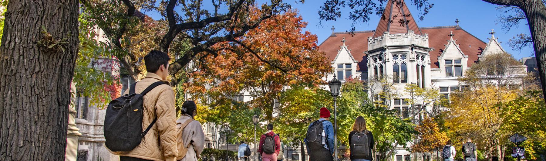 UChicago campus in Fall with students walking