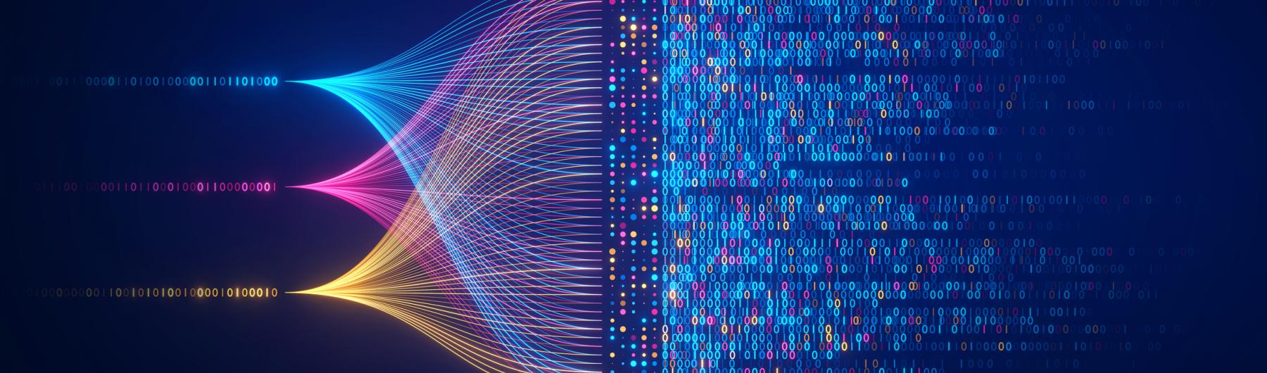 Big data technology and data science illustration. Data flow concept. Querying, analysing, visualizing complex information. Neural network for artificial intelligence. 
