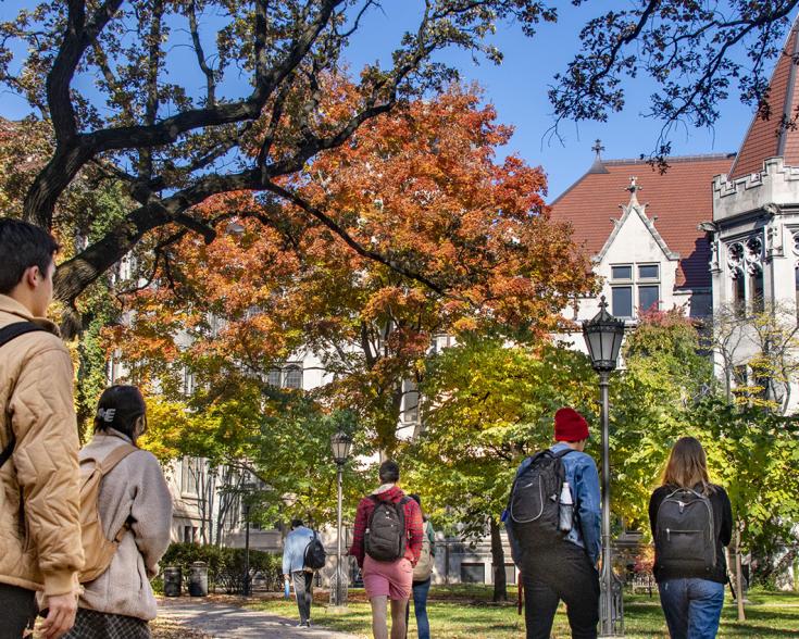 UChicago campus in Fall with students walking