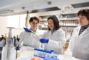 Three people in a laboratory.